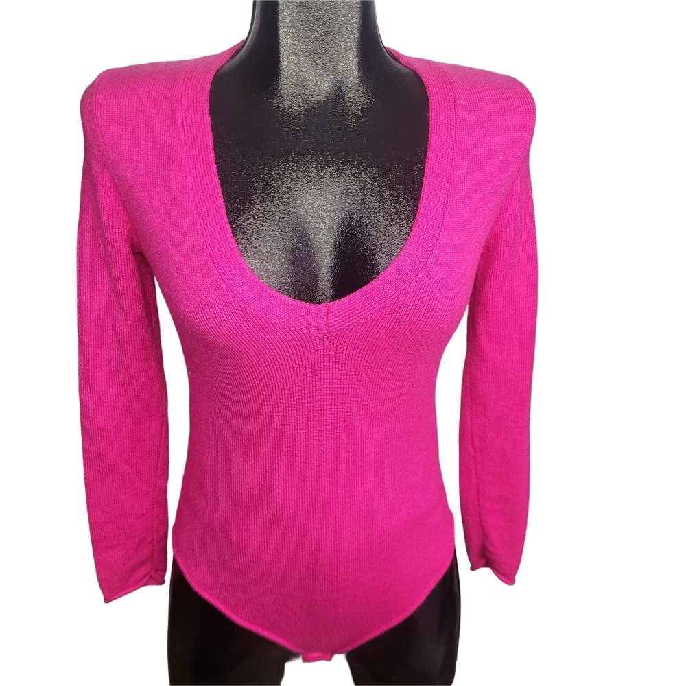 Zara Magenta Pink V-neck Knit Sweater Bodysuit Size M